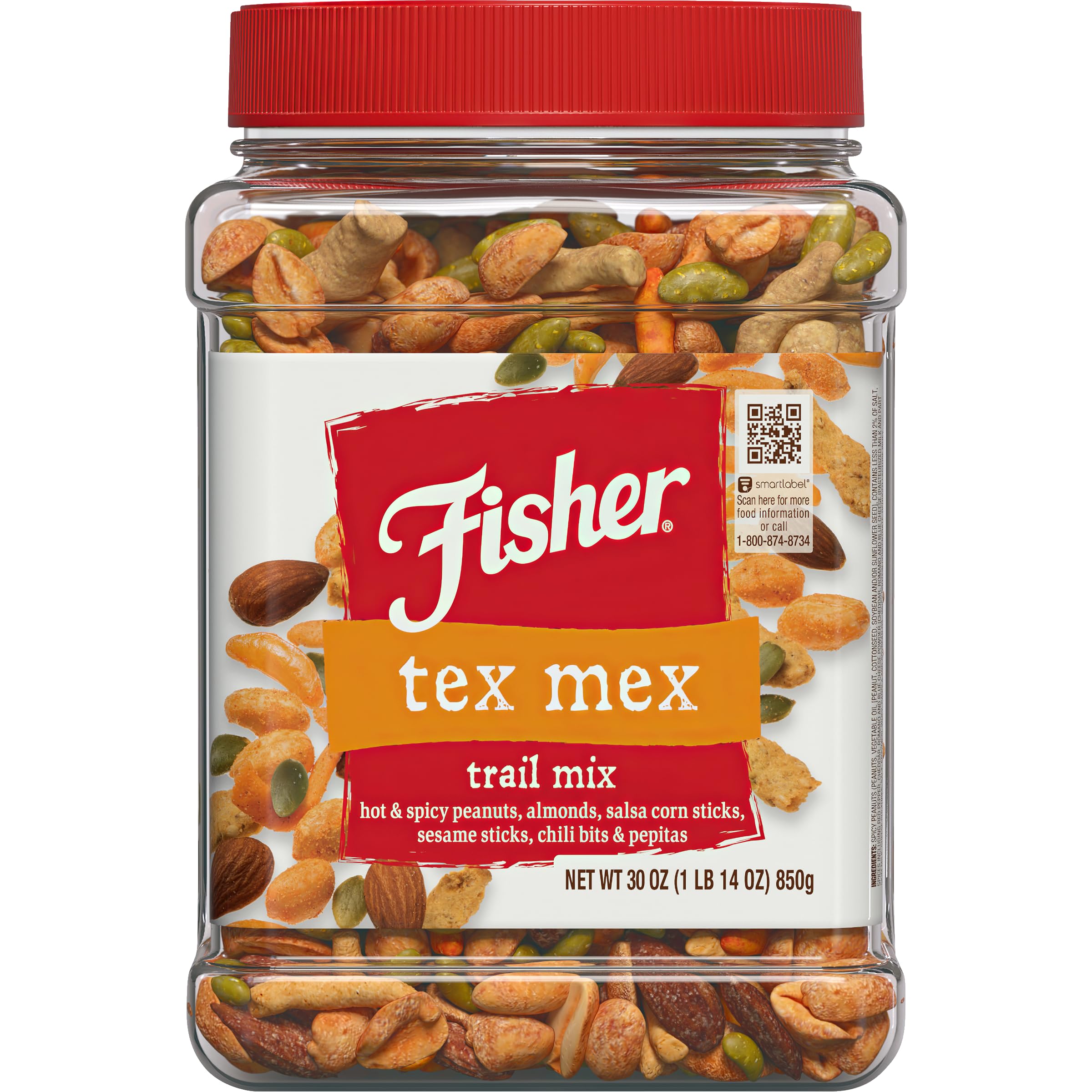 Fisher Snack Tex Mex Trail Mix jar showcases bold flavors for on-the-go snacking