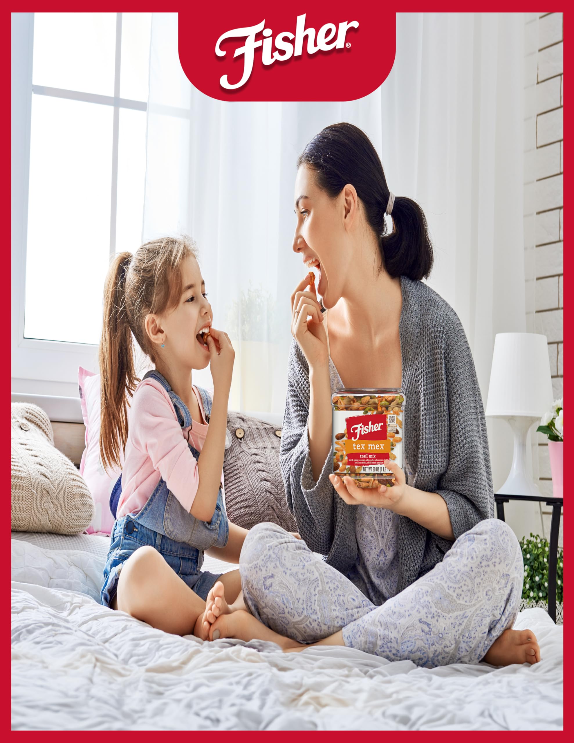 Fisher Snack Tex Mex Trail Mix jar opened for quick pantry grab