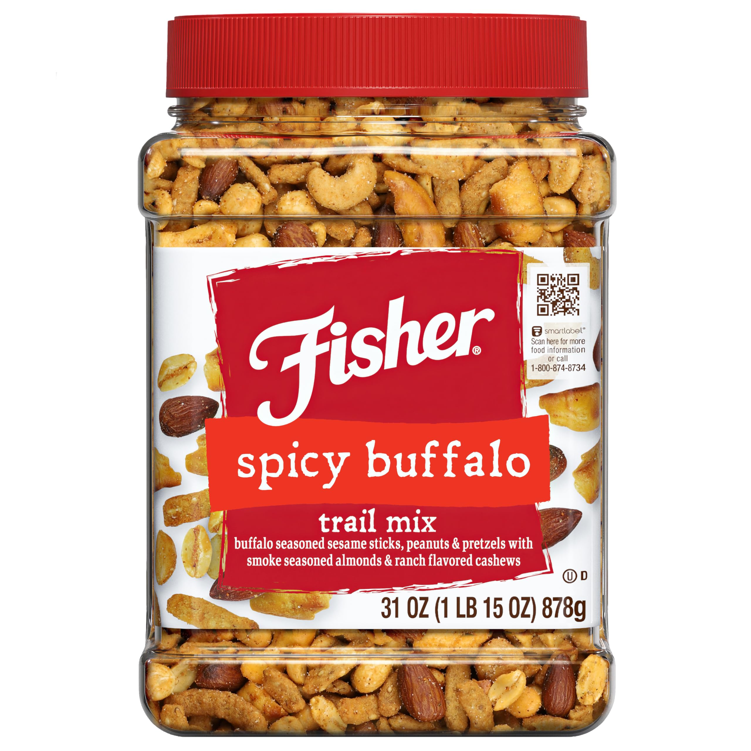 Fisher Spicy Buffalo Trail Mix jar showcases bold sesame sticks for snacking