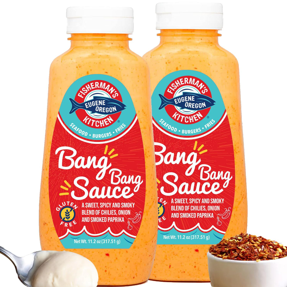 Fisherman's Kitchen Bang Bang Sauce bottle pouring, ideal seafood dipping.