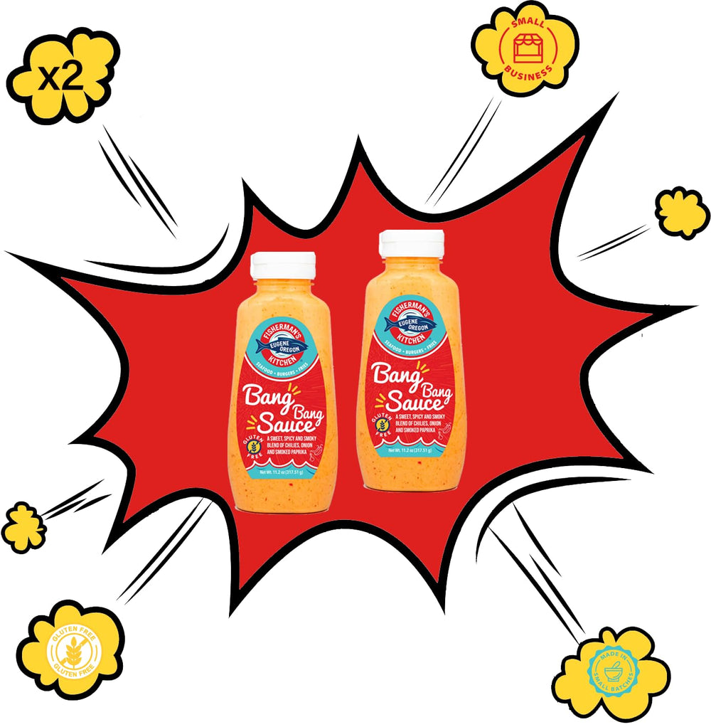 Fisherman's Kitchen Bang Bang Sauce drizzle over burgers for extra flavor.