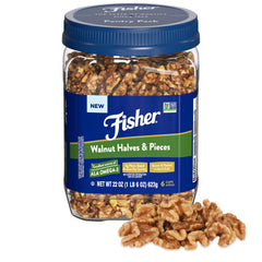 Fisher Chef's Naturals walnut halves in resealable bag for baking and snacking