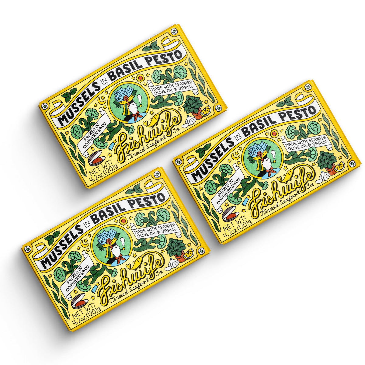 Fishwife Mussels in Basil Pesto tin, premium ready-to-serve seafood for quick meals