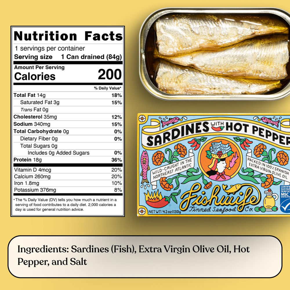 Fishwife Spicy Hot Trio sardines with hot pepper in olive oil ready to eat