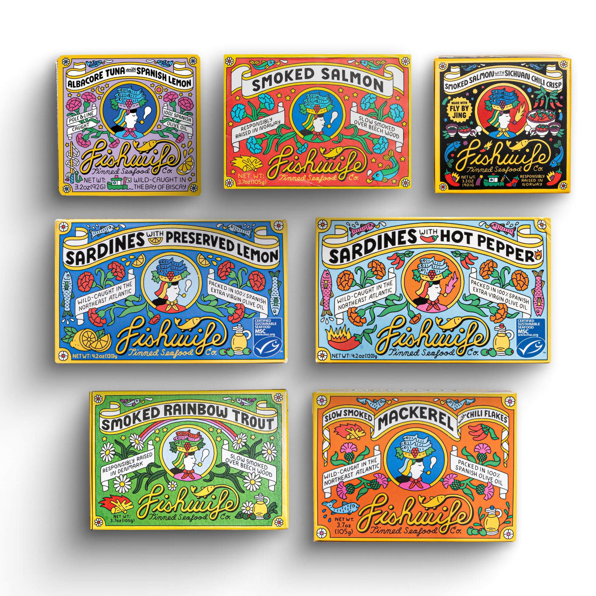 Fishwife Starter 7-Pack smoked rainbow trout tin close-up for easy weeknight meals.