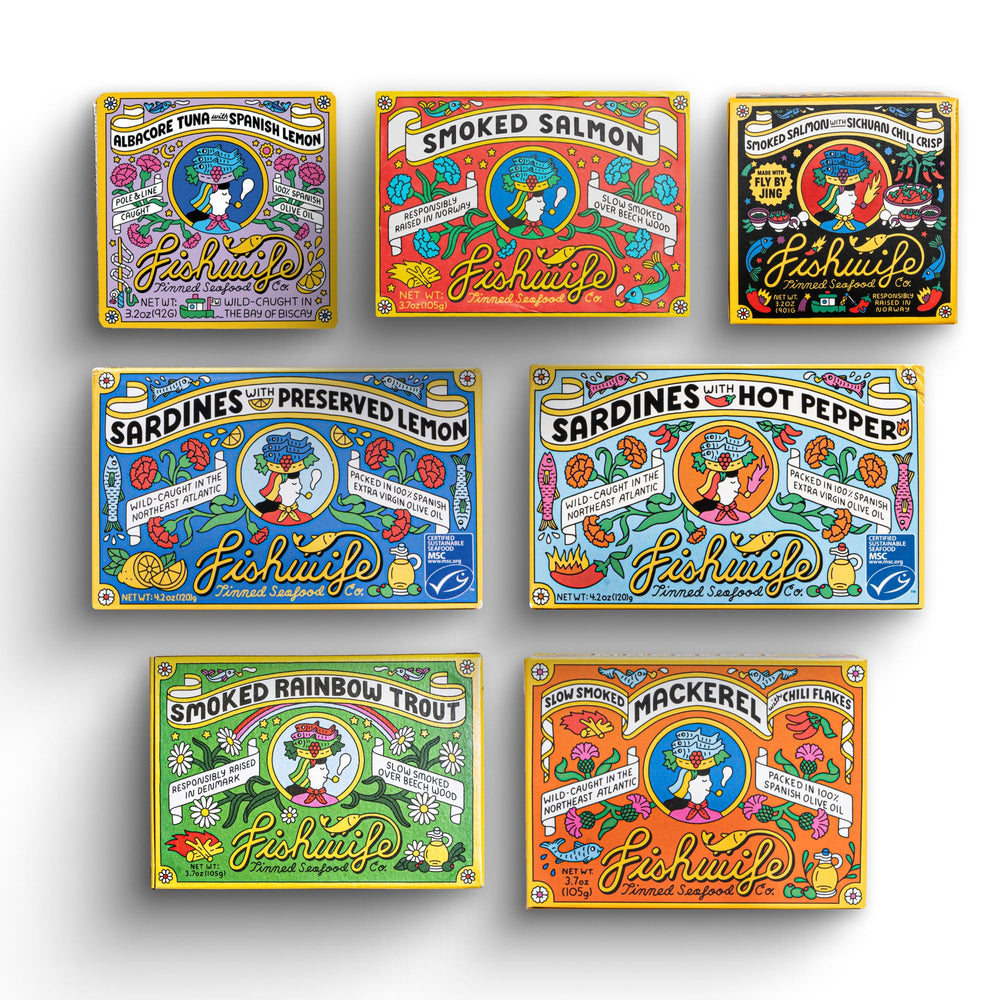 Fishwife Starter 7-Pack smoked rainbow trout tin close-up for easy weeknight meals.