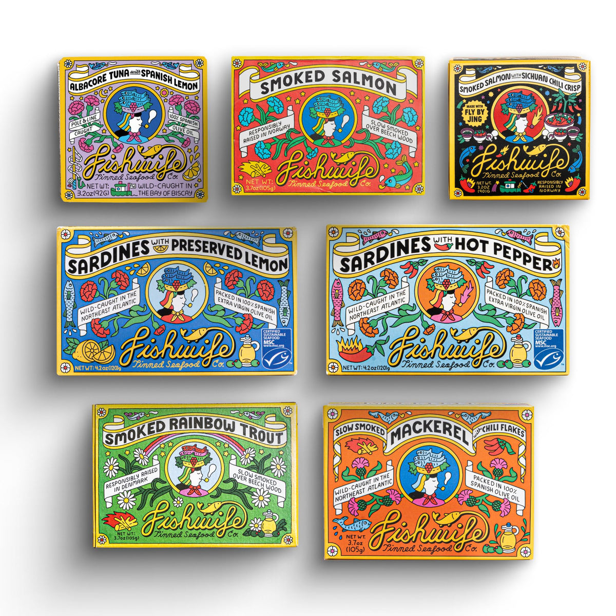 Fishwife Starter 7-Pack smoked rainbow trout tin close-up for easy weeknight meals.