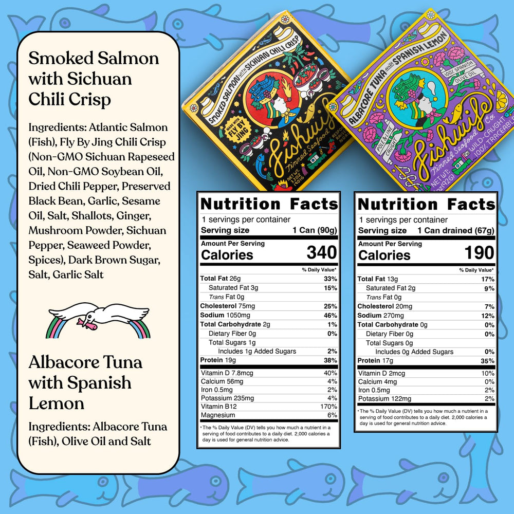 Fishwife Starter 7-Pack smoked salmon with Sichuan chili crisp, zippy flavor for snacks.