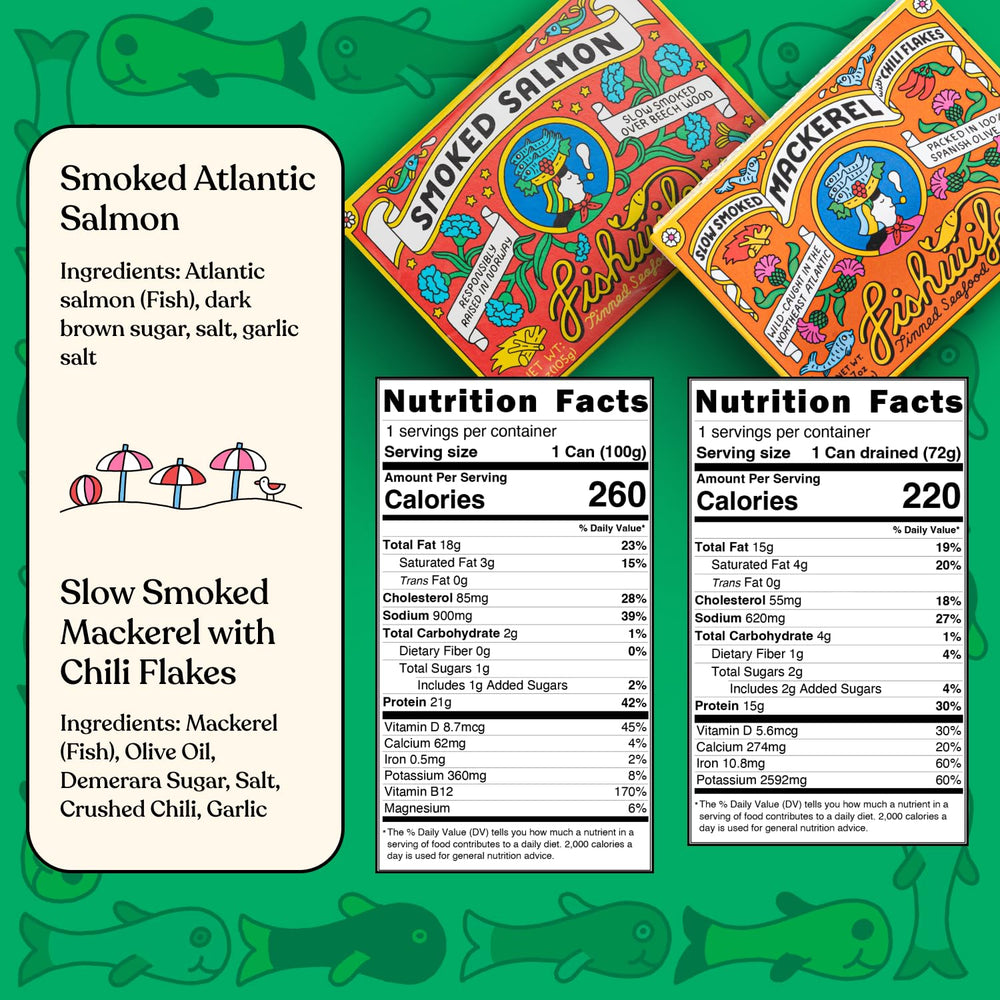 Fishwife Starter 7-Pack smoked salmon tin with rich flavor, versatile for breakfasts.