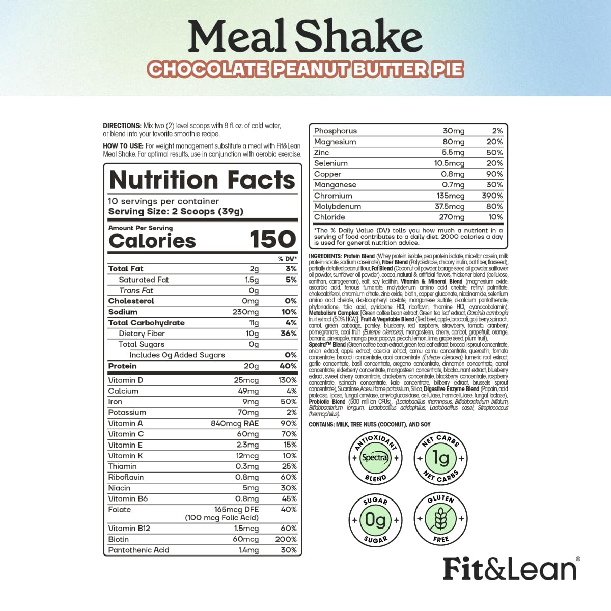 Fit and Lean Meal Shake glass with prepared shake highlighting chocolate peanut butter pie flavor.