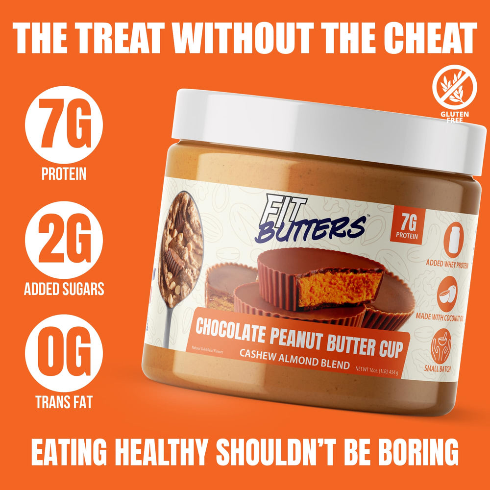Fit Butters Added Protein label highlighting protein boost for snacks.