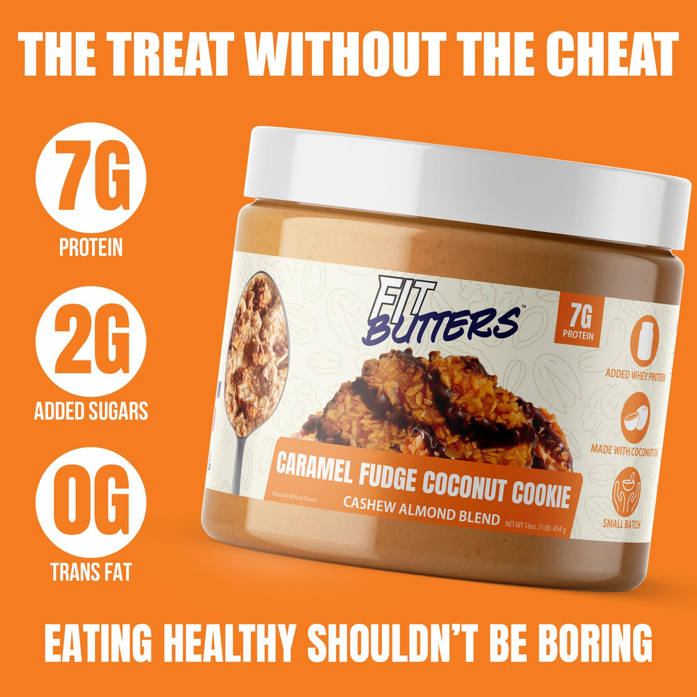 Fit Butters caramel fudge coconut cookie butter closeup reveals creamy texture.
