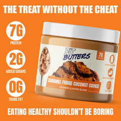 Fit Butters caramel fudge coconut cookie butter closeup reveals creamy texture.