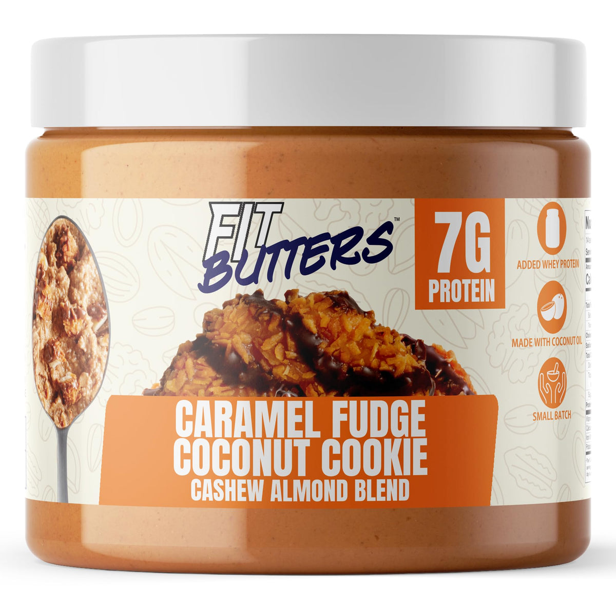 Fit Butters caramel fudge coconut cookie butter jar showcases a protein-packed snack.