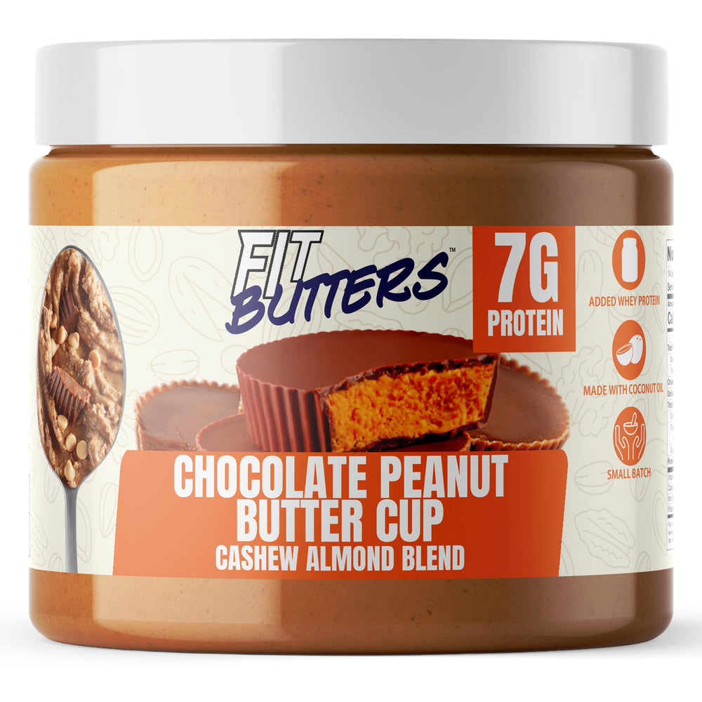 Fit Butters Chocolate Peanut Butter Cup jar showing premium dessert-flavored spread with added protein.