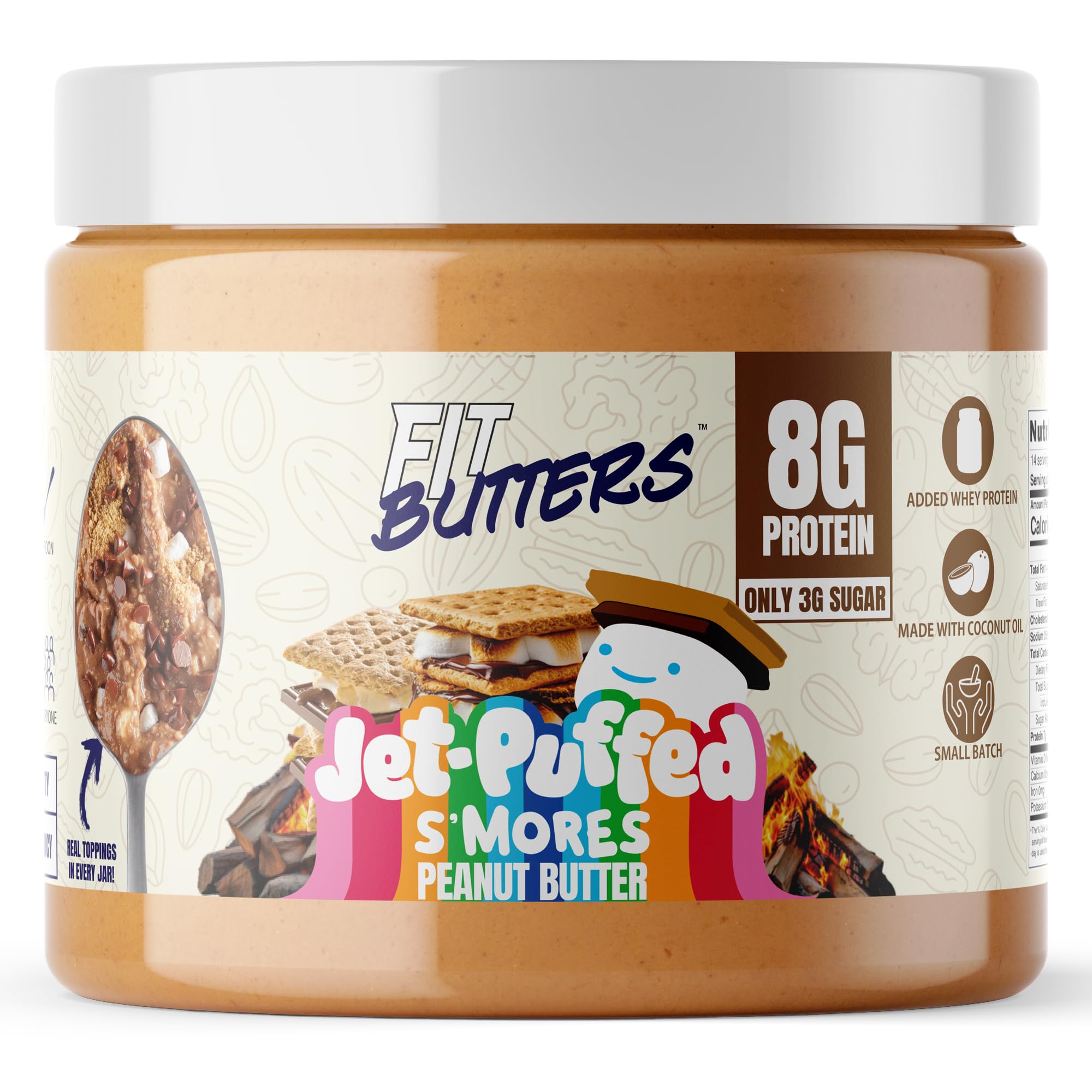 Fit Butters Jet-Puffed S'mores peanut butter jar with marshmallow bits for campfire flavor.
