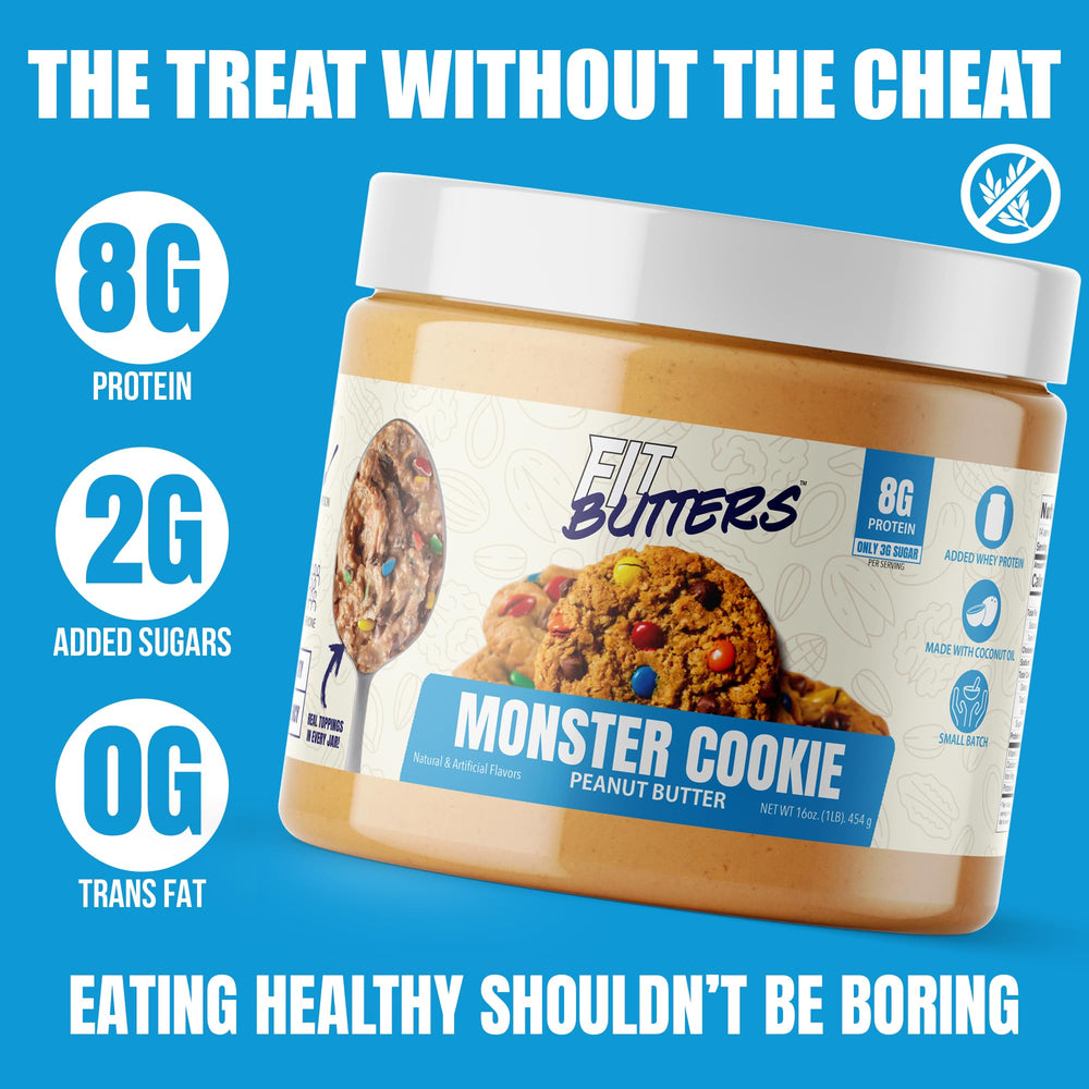 Fit Butters Monster Cookie Spread in a bowl with ingredients and coconut oil.