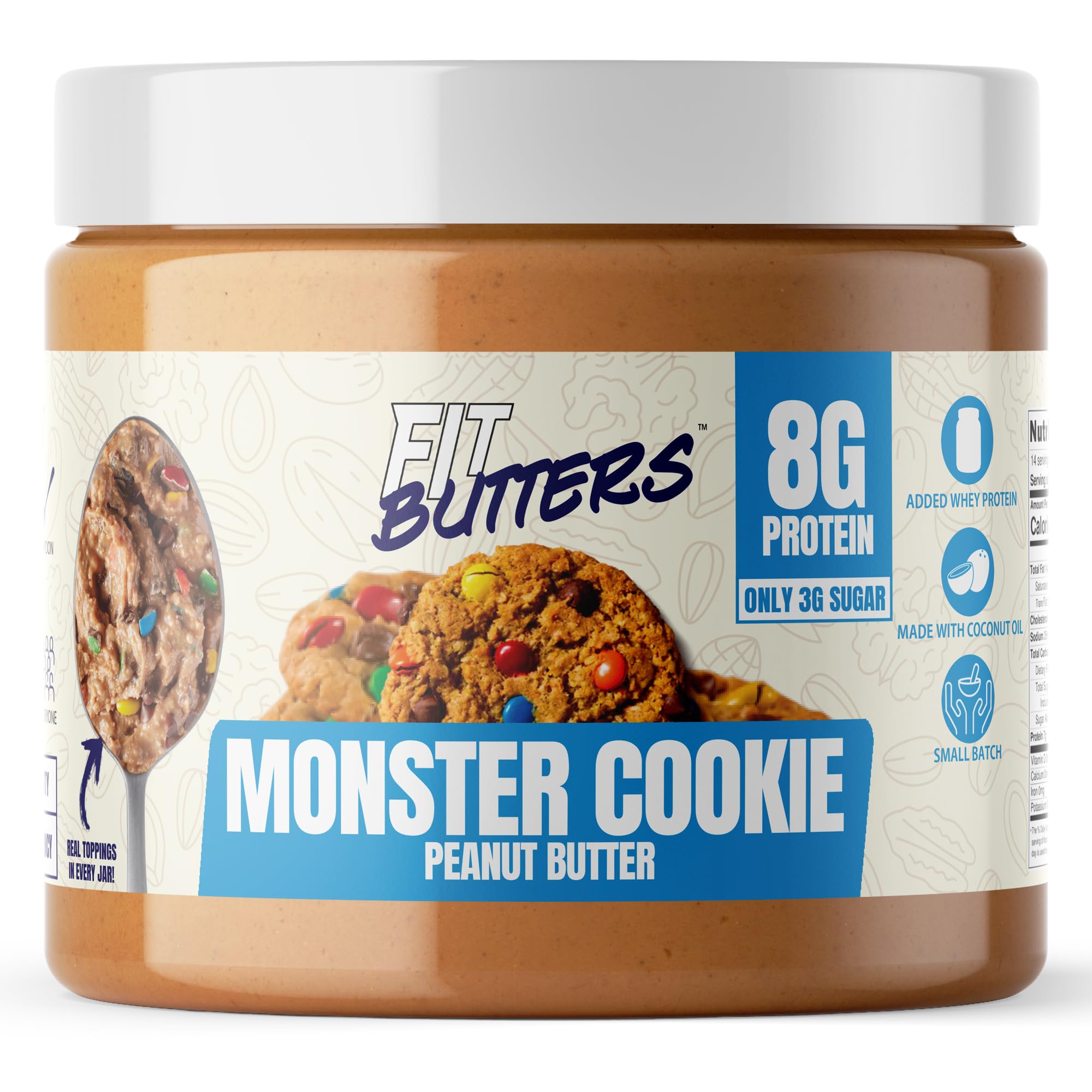 Fit Butters Monster Cookie Spread jar close-up showing creamy texture and protein boost.
