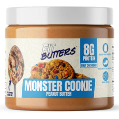 Fit Butters Monster Cookie Spread jar close-up showing creamy texture and protein boost.