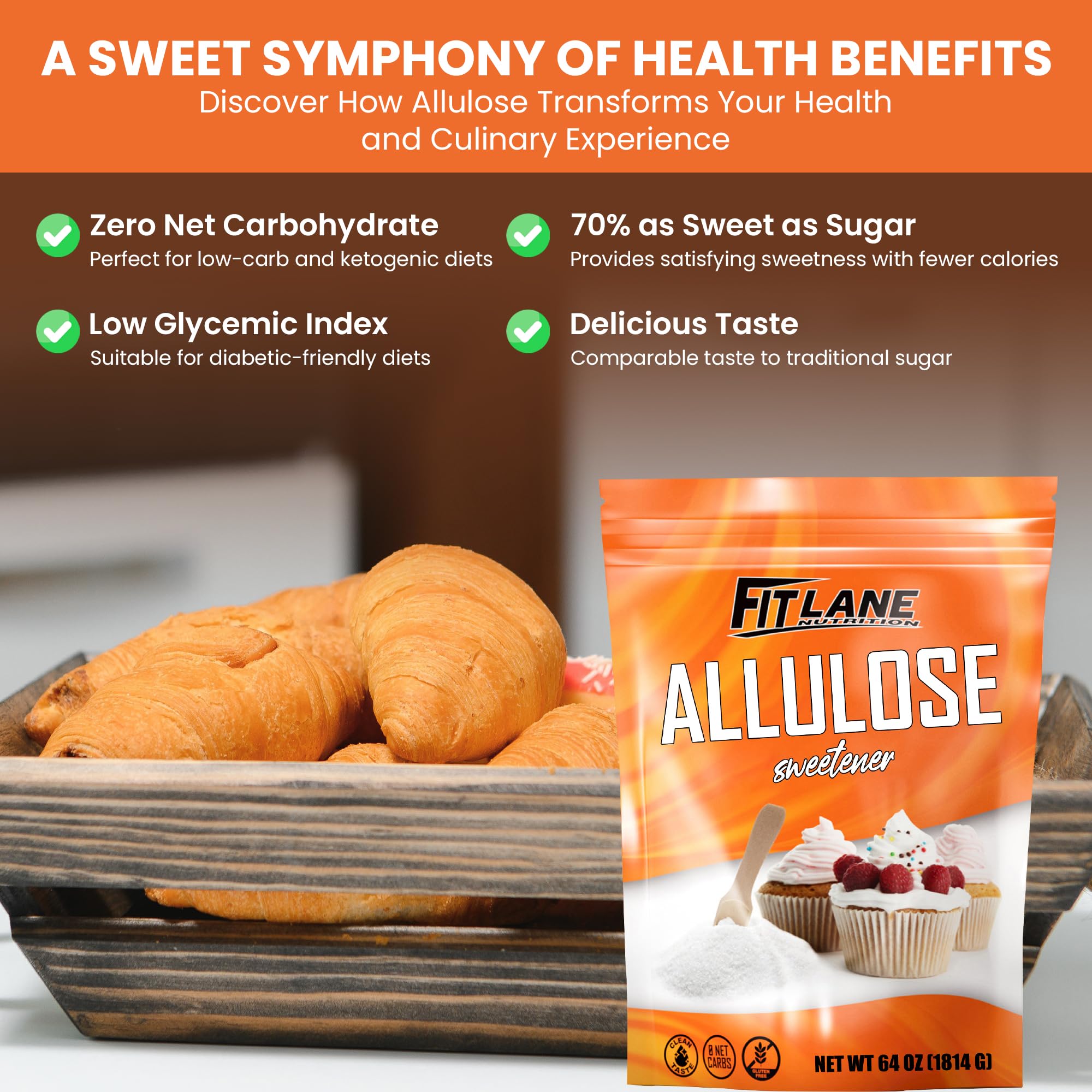Fit Lane Allulose kitchen scene emphasizes natural ingredients and versatility.