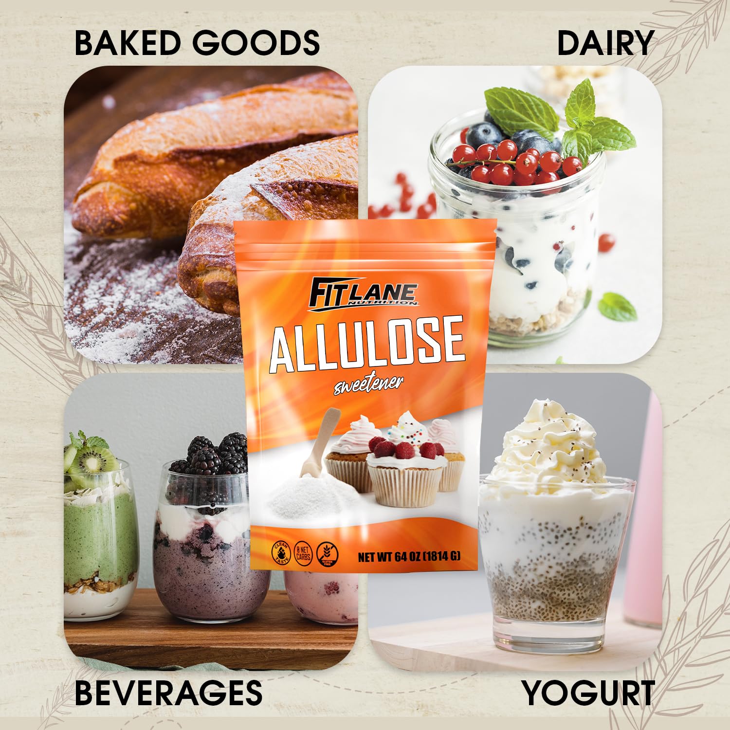 Fit Lane Allulose no-aftertaste close-up showcases sugar-like sweetness.