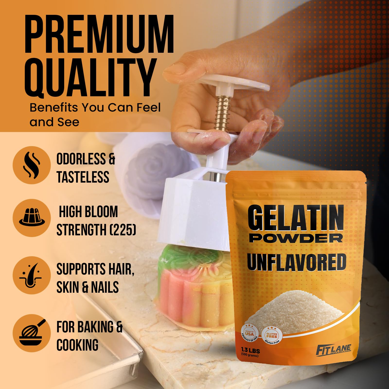 Fit Lane Gelatin Powder gels when cooled for clear desserts