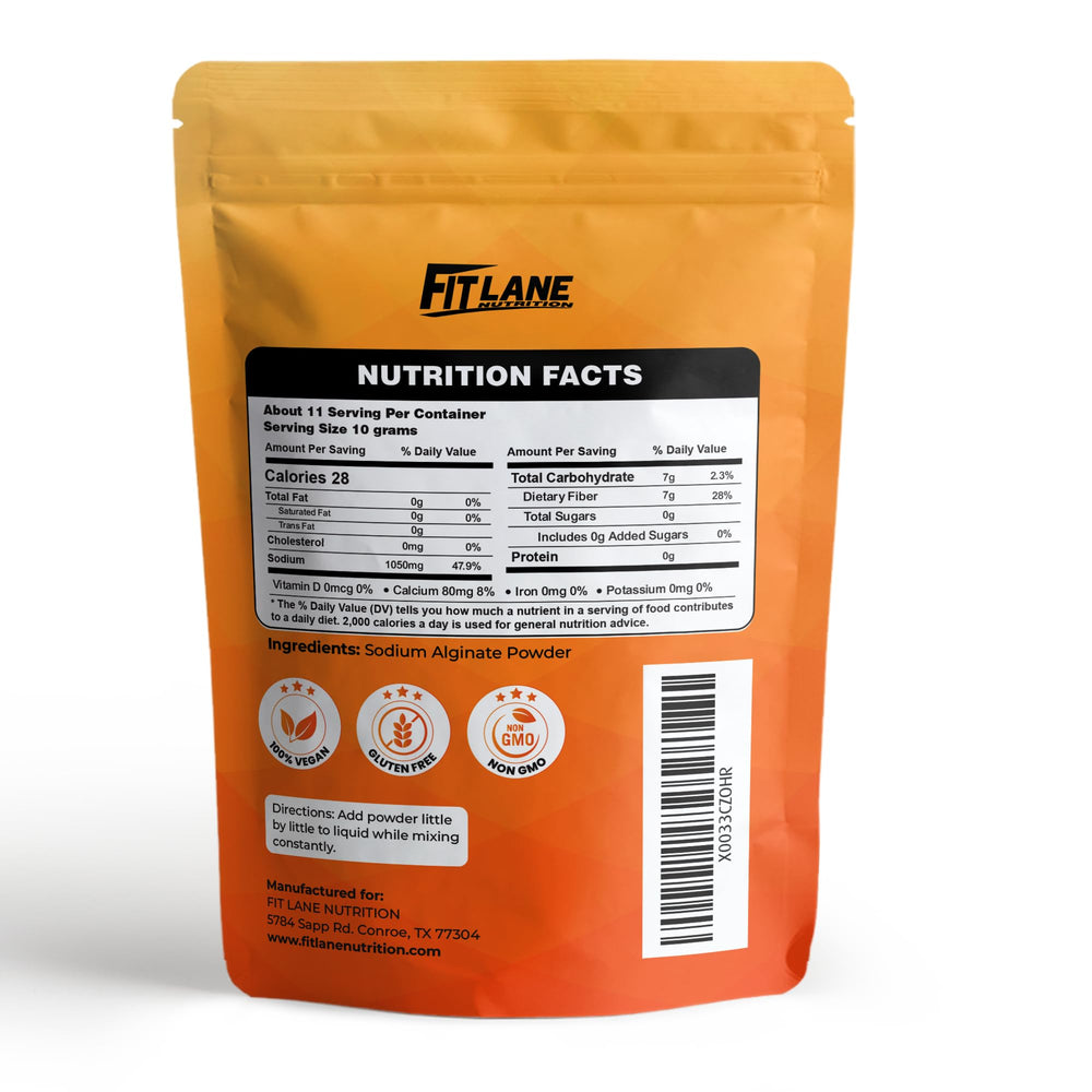 Fit Lane sodium alginate powder used for spherification in modern molecular gastronomy.