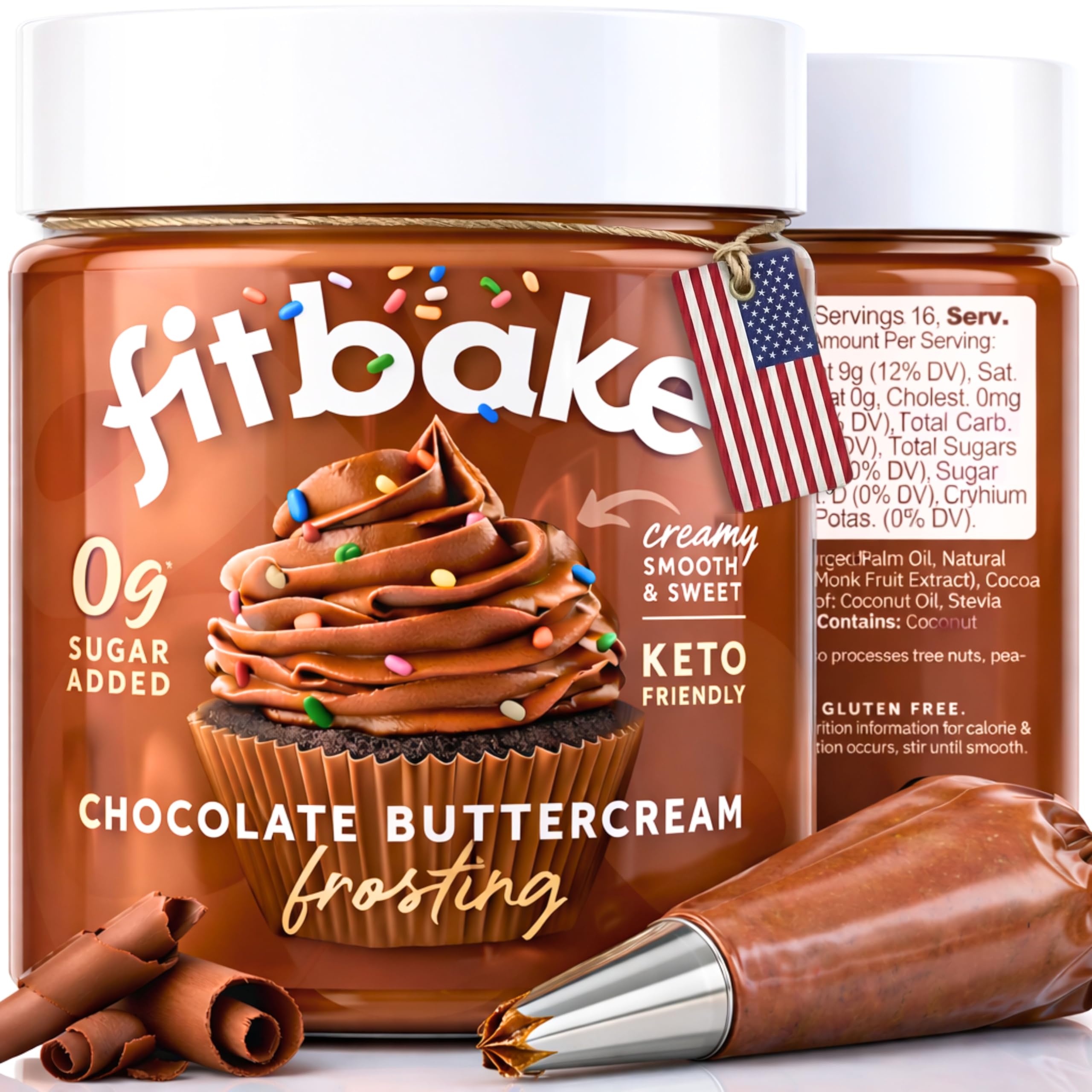 FitBake chocolate buttercream frosting jar shows creamy texture and 0g net carbs