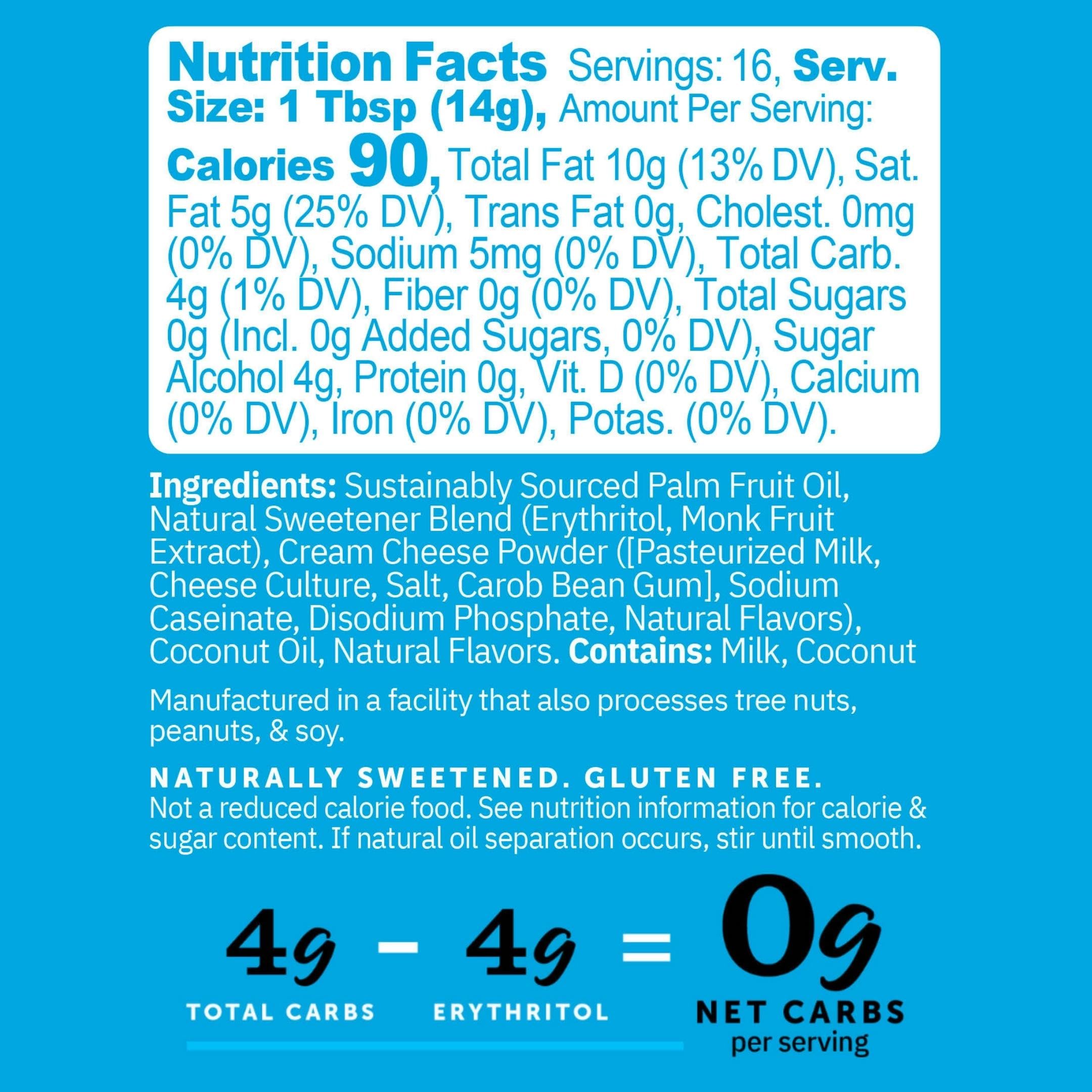 FitBake frosting jar back highlights gluten free ingredients and natural sweeteners.