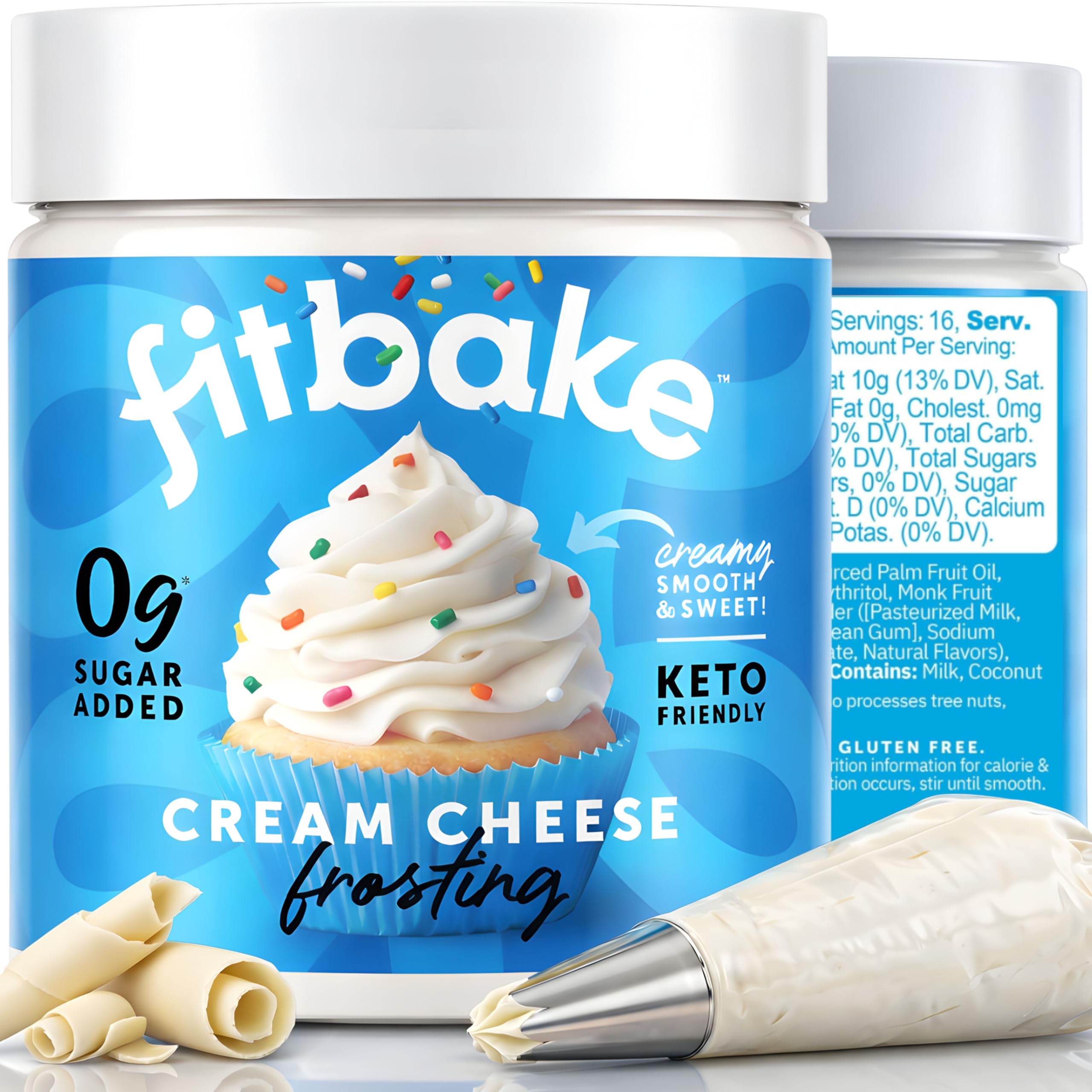 FitBake cream cheese frosting jar front shows keto friendly, zero added sugar.