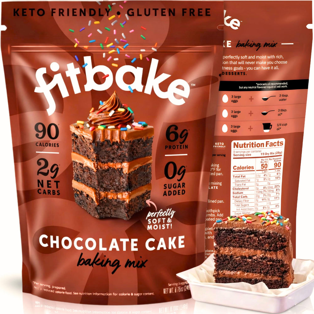 FitBake Keto Chocolate Cake Mix package highlights low carb indulgence