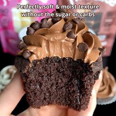 Sliced FitBake keto chocolate cake on a plate ready to serve