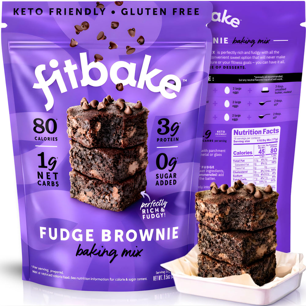 FitBake Keto fudge brownie mix packaging highlights gluten-free indulgence.