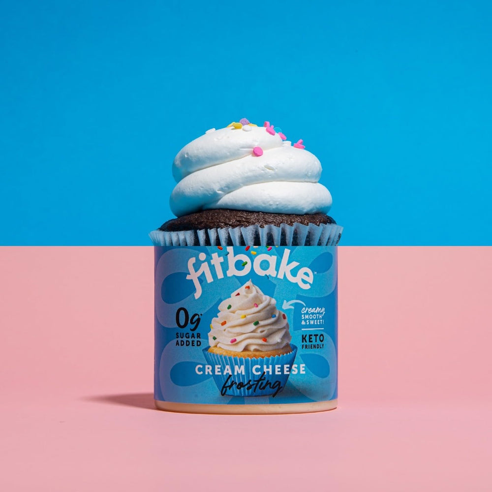 Packaging label closeup confirms gluten free and sugar free attributes for FitBake frosting.