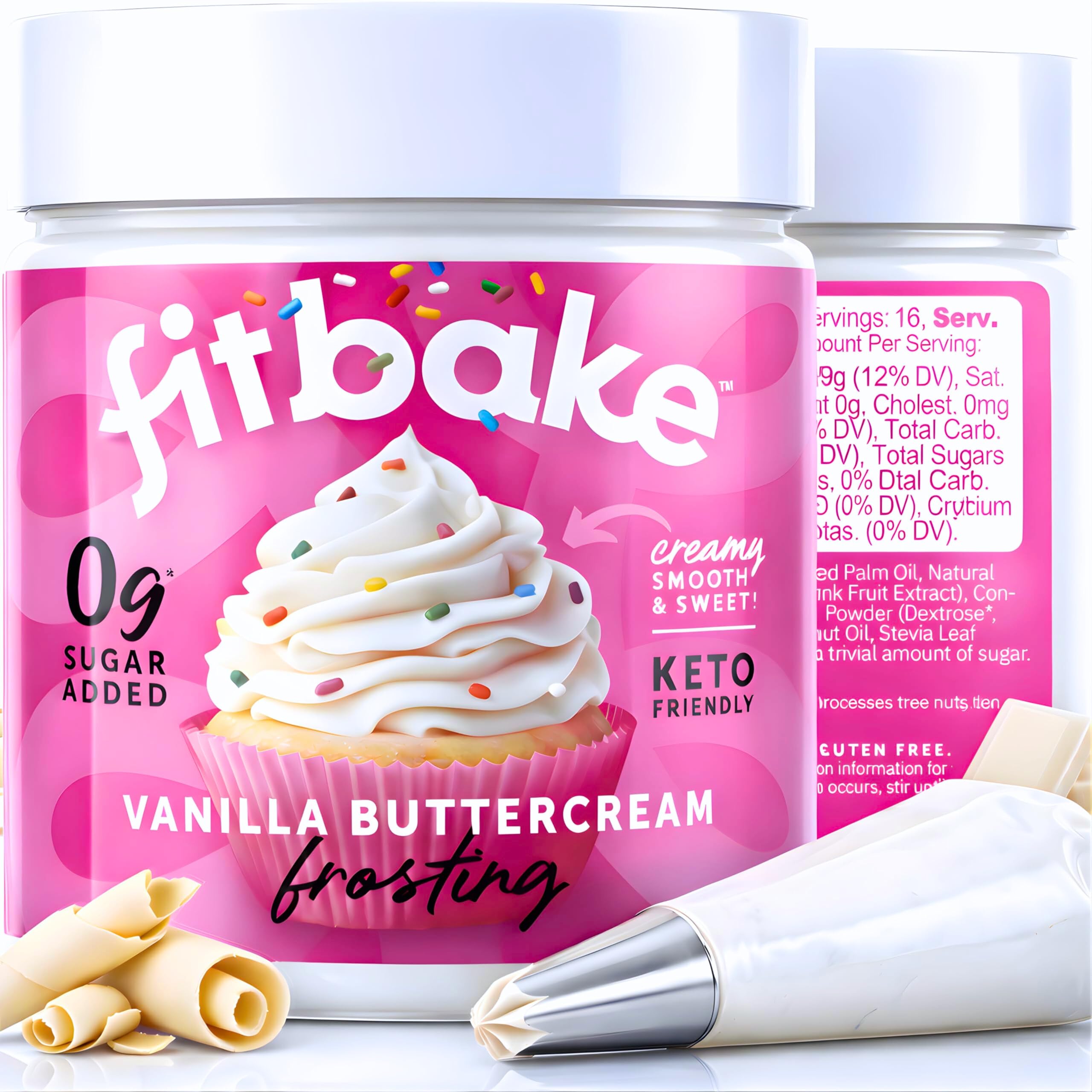 FitBake vanilla buttercream frosting jar pour showcasing keto-friendly 0g net carbs.