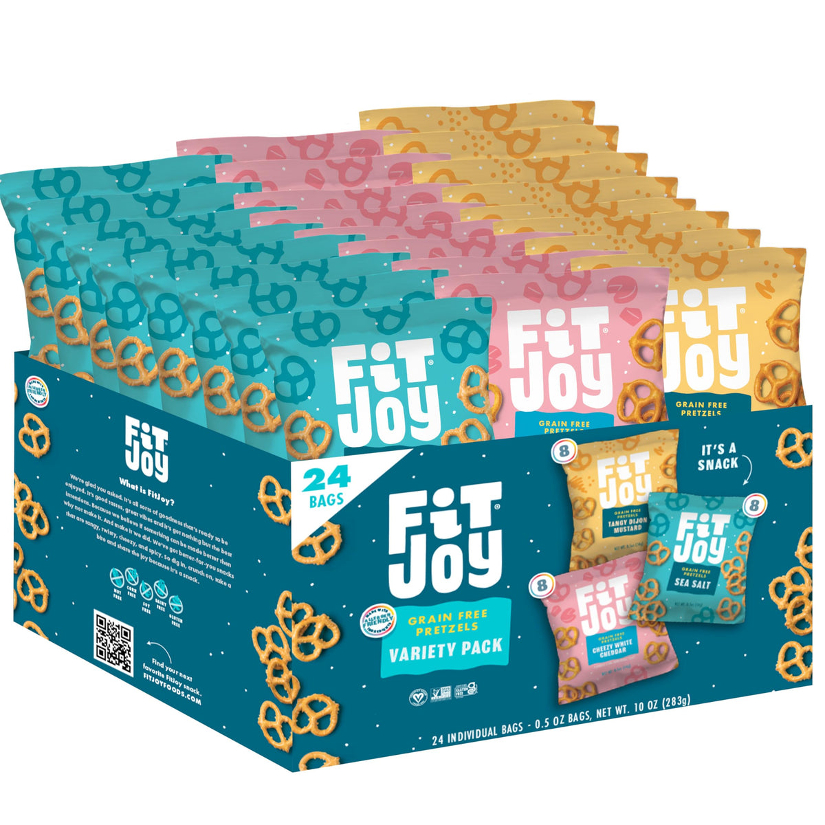 FitJoy pretzel variety pack 24-pack shown, ideal for parties and on-the-go snacking.