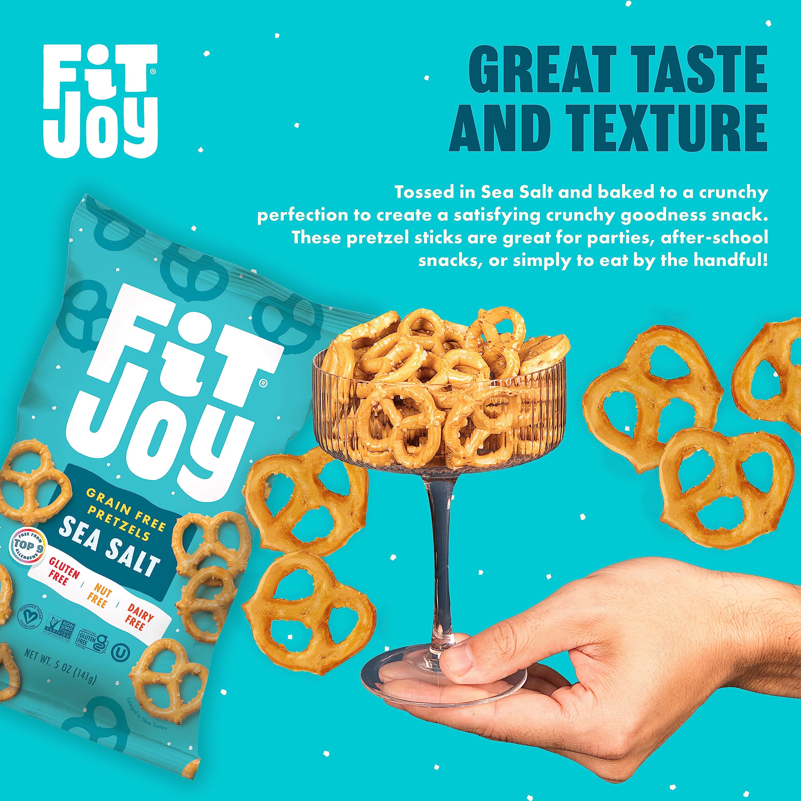 FitJoy sea salt pretzels bag-open view, ideal for sharing at gatherings.