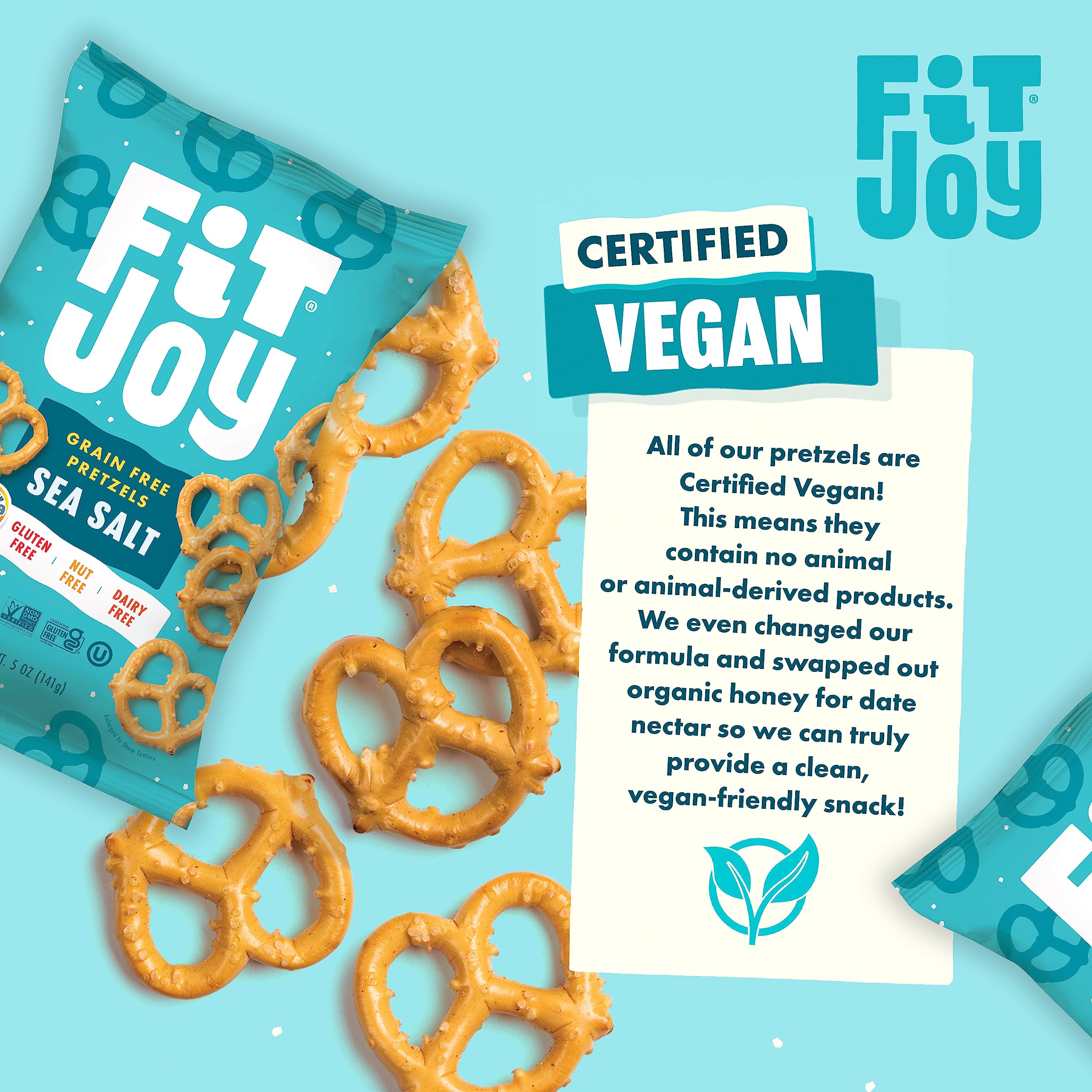 FitJoy sea salt pretzels ingredients list highlights cassava and chickpea flours.