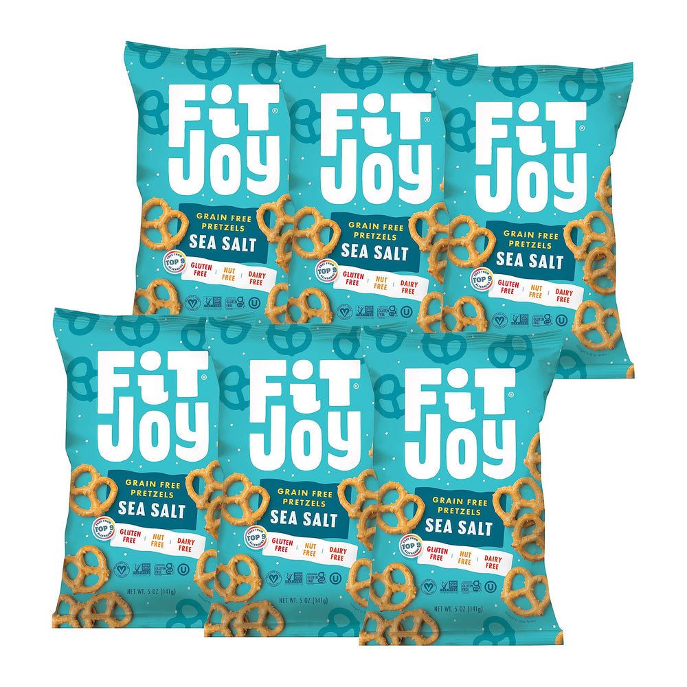 FitJoy sea salt pretzels six-pack packaging for convenient snacking on the go.
