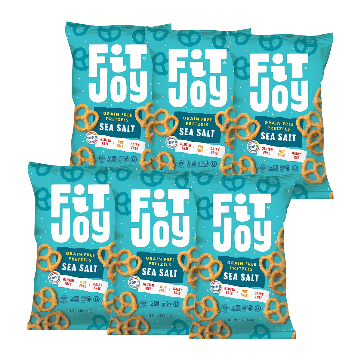 FitJoy sea salt pretzels six-pack packaging for convenient snacking on the go.