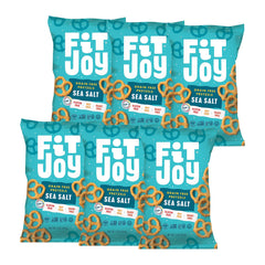 FitJoy sea salt pretzels six-pack packaging for convenient snacking on the go.