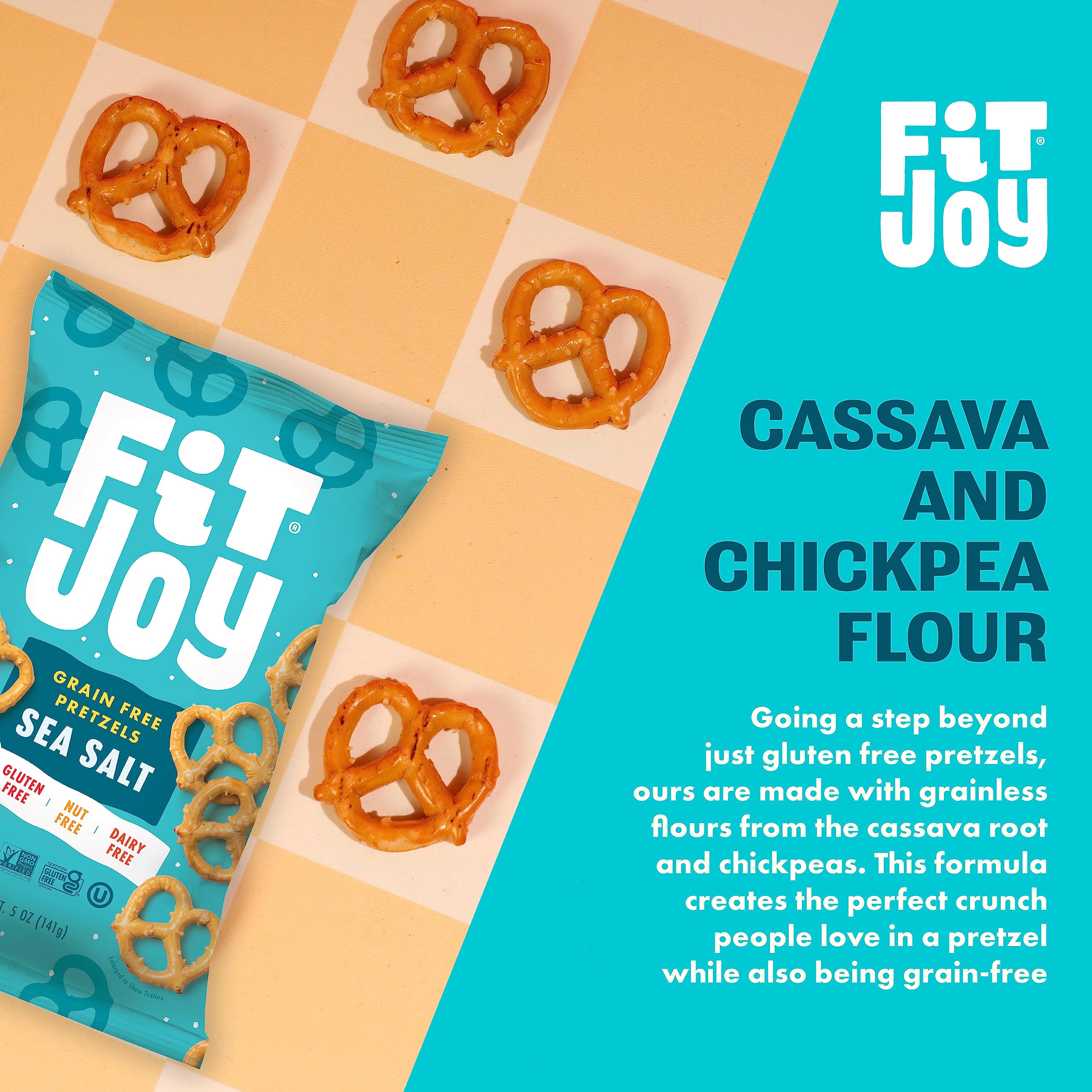 FitJoy sea salt pretzels serving idea with dips and veggie snacks.