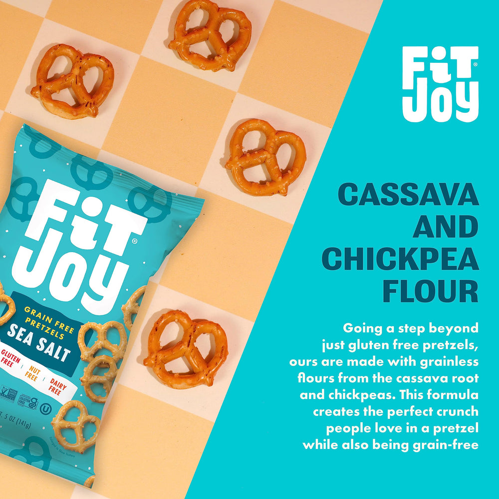 FitJoy sea salt pretzels serving idea with dips and veggie snacks.