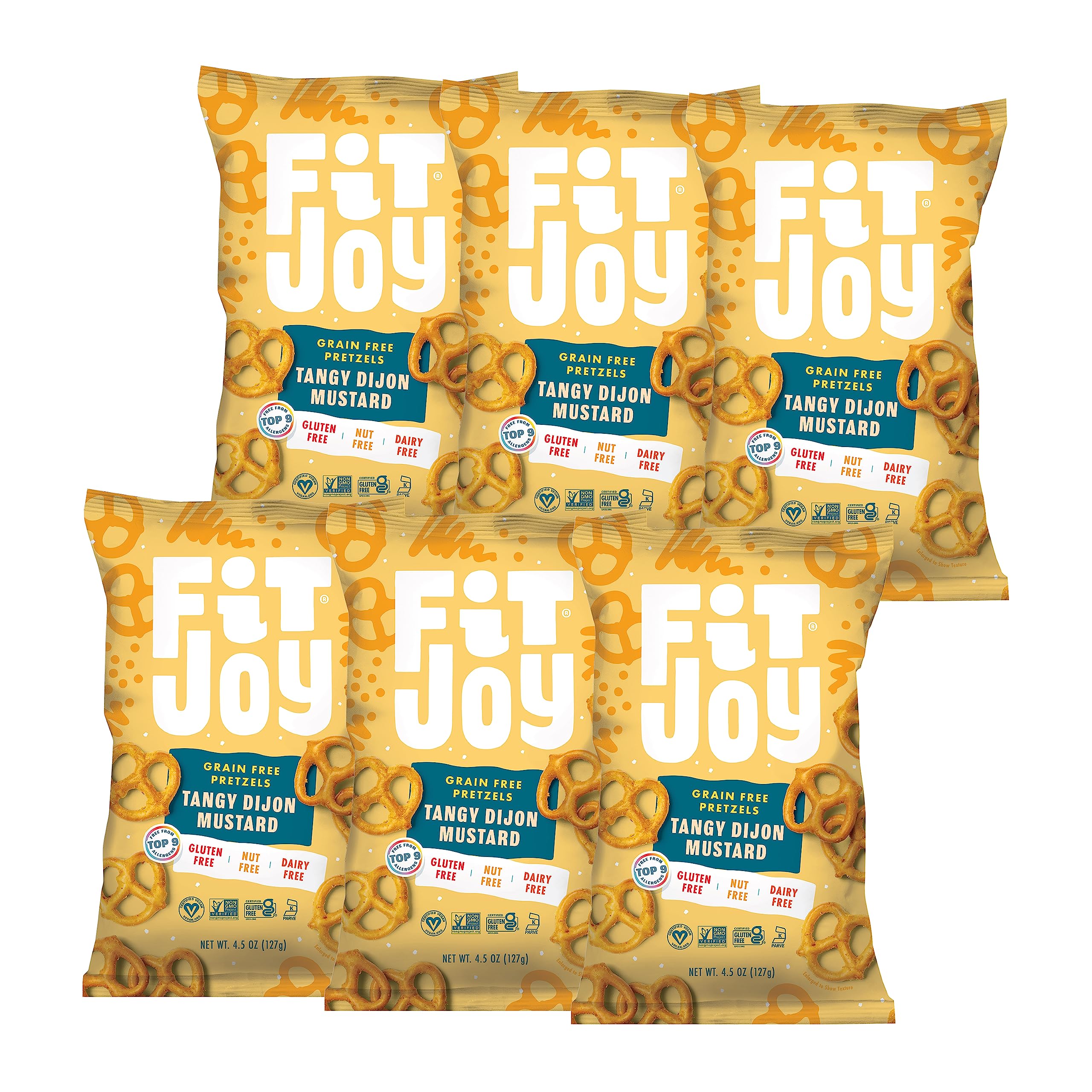 FitJoy Tangy Dijon pretzels close-up, crisp texture and bold flavor for snack time.
