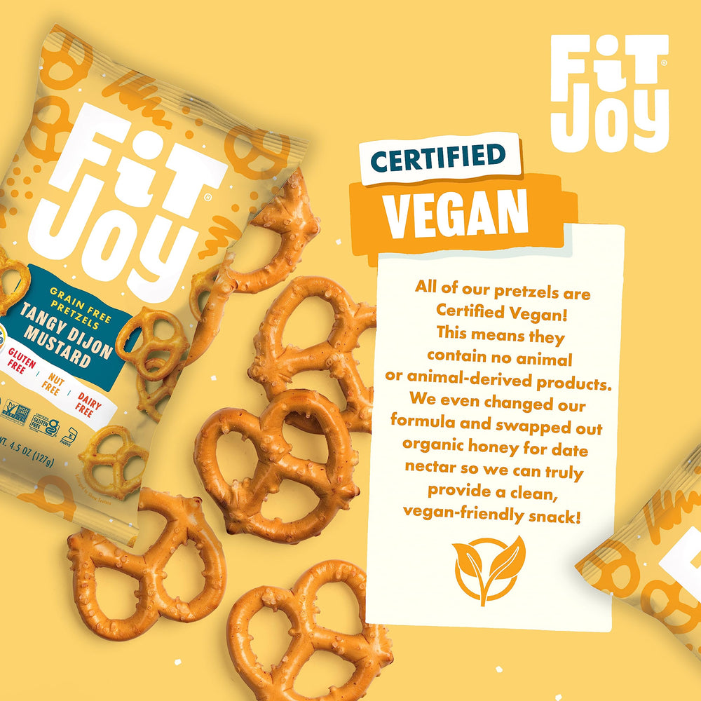 On-the-go FitJoy Tangy Dijon pretzels offer savory convenience for busy days.