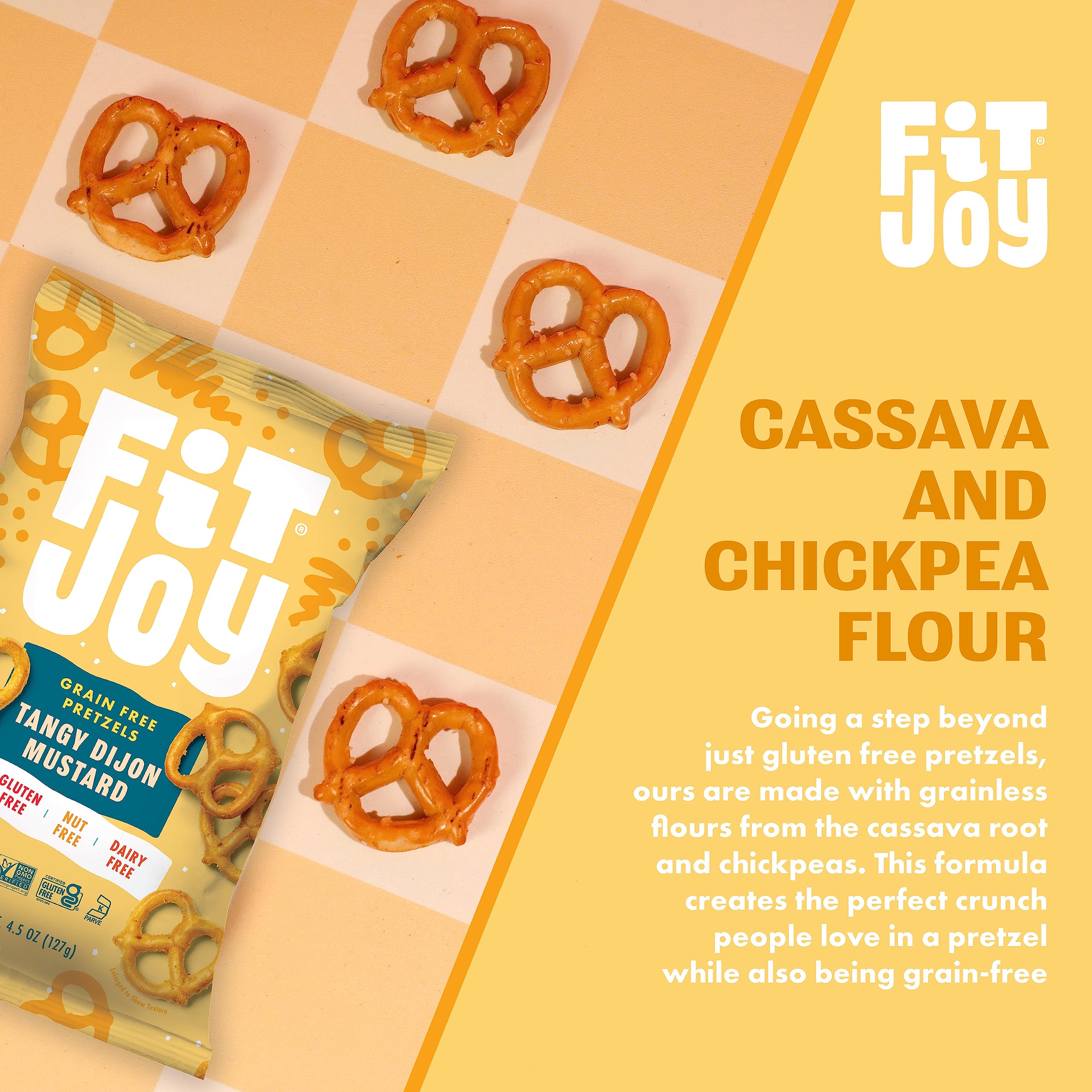 Vegan, gluten-free FitJoy pretzels with no dairy or nuts for mindful snacking.