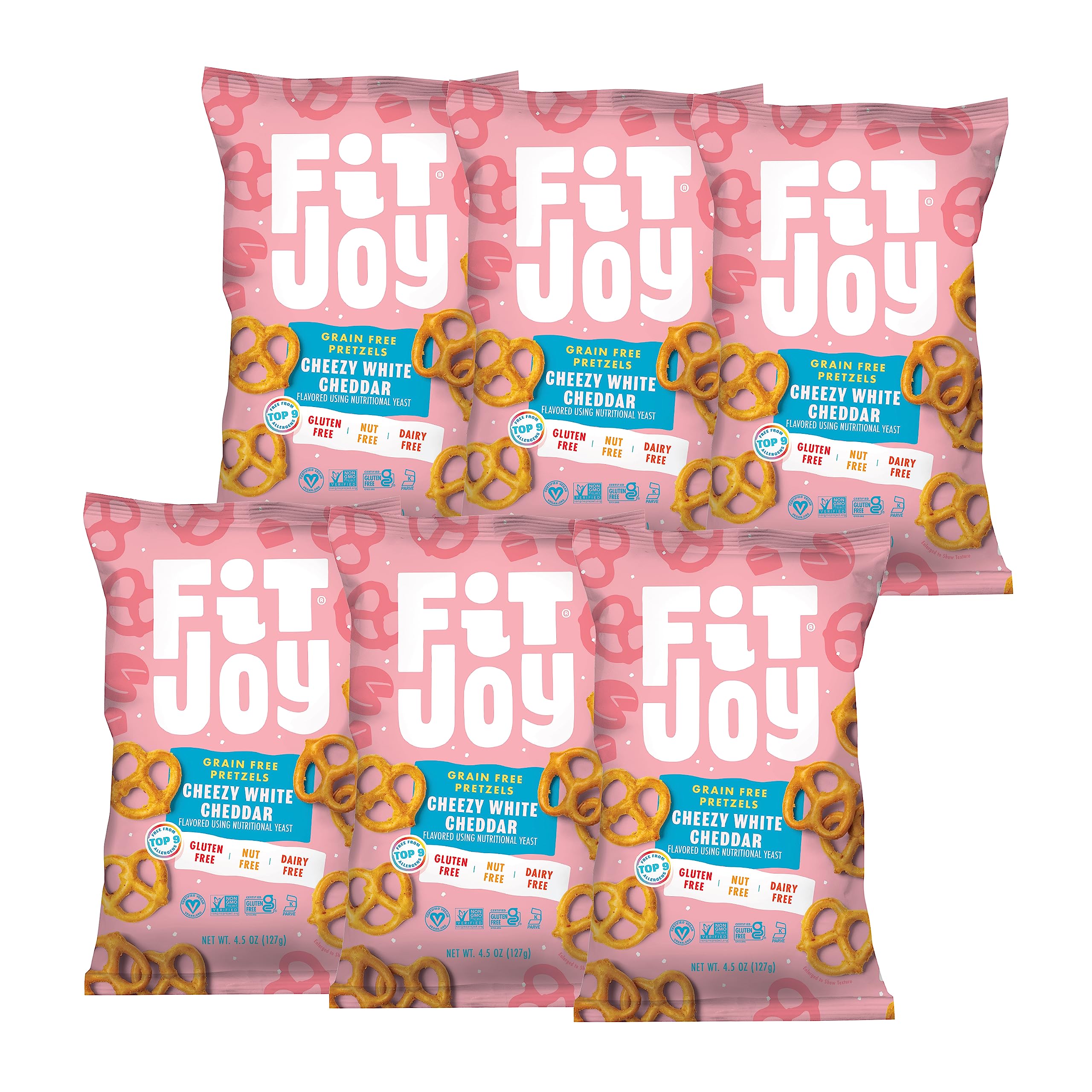FitJoy White Cheddar Pretzels bag front, dairy-free snack.