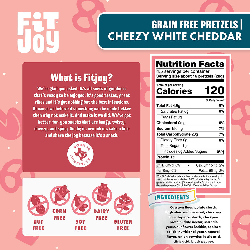 FitJoy White Cheddar Pretzels bag open, crunchy snack ready.