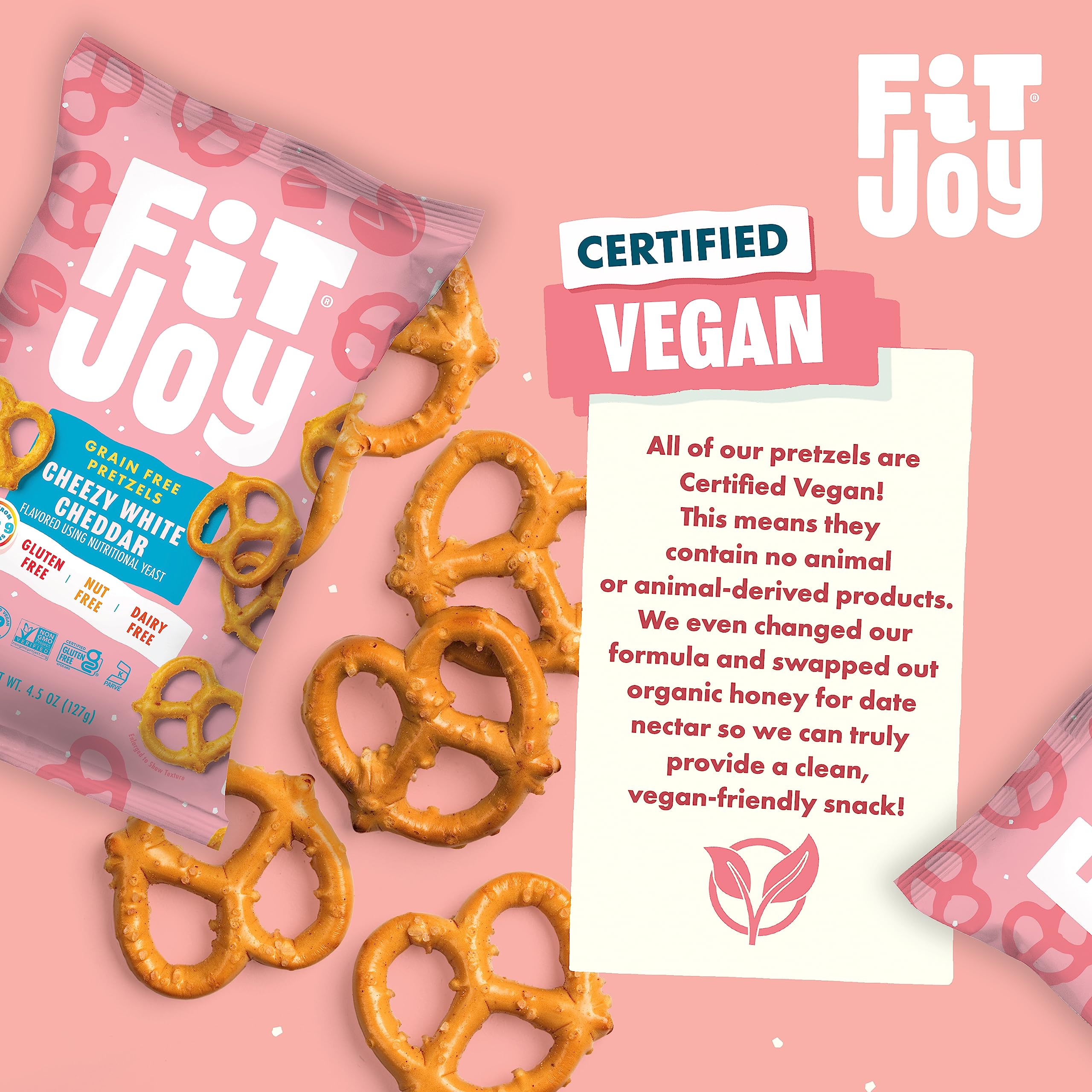 FitJoy White Cheddar Pretzels bag overlay showing seasoning dusting.