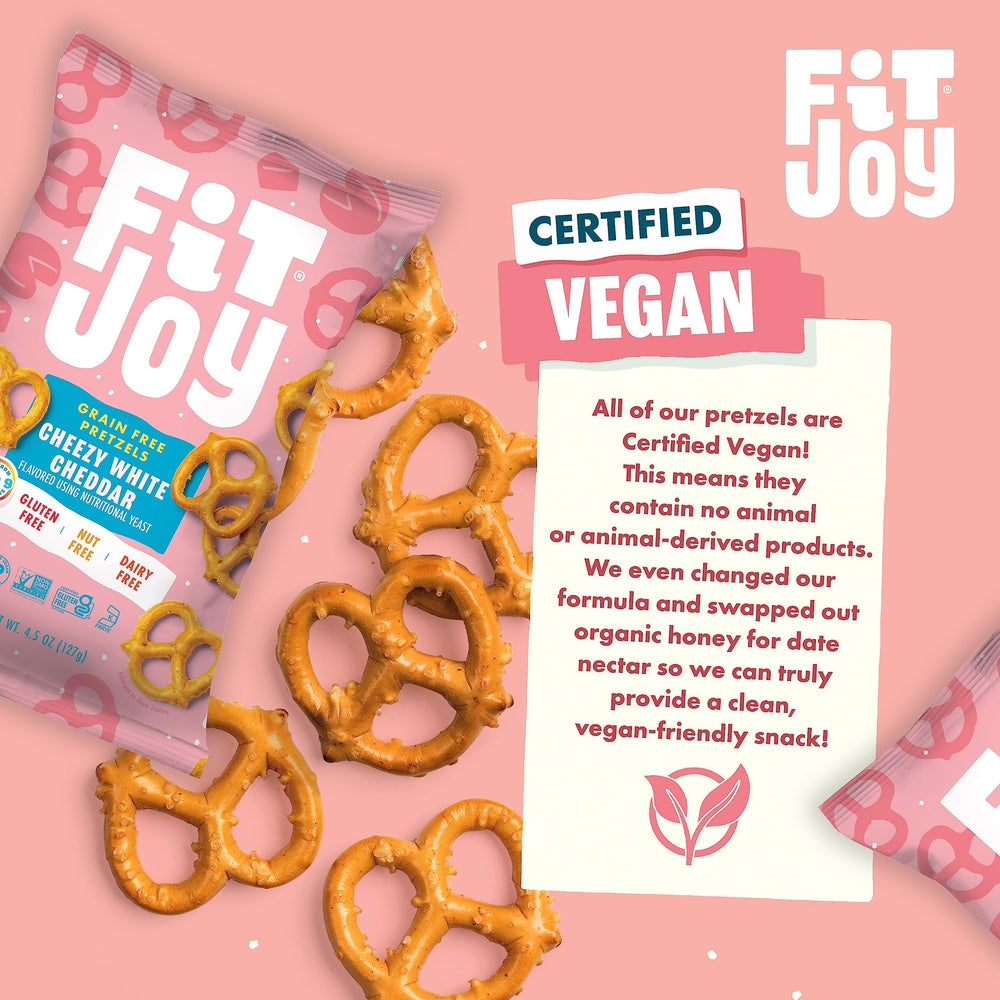 FitJoy White Cheddar Pretzels bag overlay showing seasoning dusting.